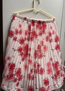 White and Pink pleated Floral Midi Skirt