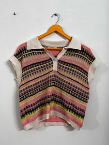 Vibrant Striped Knit Polo Top