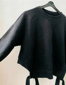 Black Cropped Sweatshirt with Tie Detail