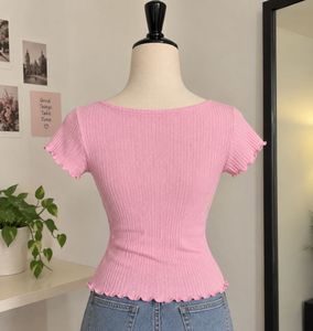 Cute Pink Ribbed Lettuce Hem Top