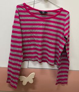 Pink &amp; Grey Striped Long Sleeve Top