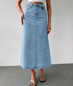 Light Wash Denim Maxi Skirt with Slits