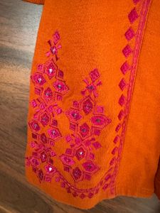 Rust Orange Knee-Length Embroidered Shrug