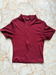 Maroon Ribbed Zip-Up Top