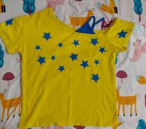 Yellow Star Print Off-Shoulder T-Shirt