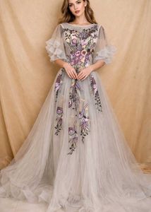 Embroidered Gown with Flutter Sleeves