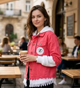 Stylish Coral Denim Jacket with White Hoodie Detai