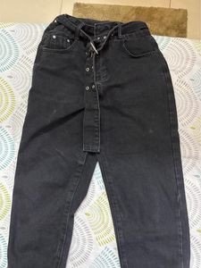 Black High-Waisted Belted Denim Jeans
