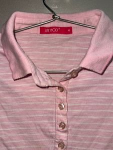 Une Mode Soft Pink Striped Polo T-Shirt