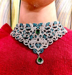 Luxury American Diamond Green &amp; Blue Stone Bridal
