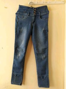 High Waisted Blue Jeans with Embellished Cuffs