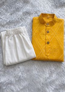 Yellow Bandhani Print Kurta with White Pants