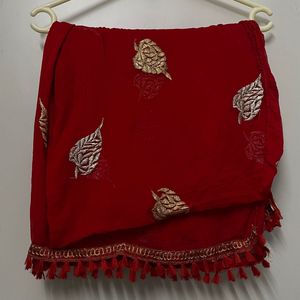 Red Dupatta with Gold and Silver Embroidery