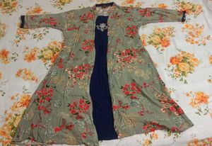 Navy Blue Kurta Set with Floral Shrug