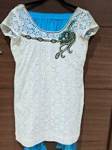 Designer White and Blue Kurta Set