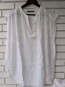 White Linen Blend V-Neck Top