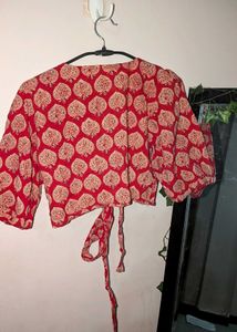 Red Block Print Crop Blouse