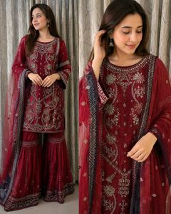 Maroon Embroidered Kurta Set with Sharara