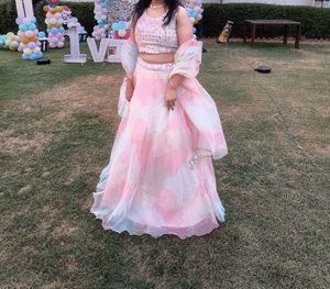 Pink &amp; White Printed Lehenga Choli Set