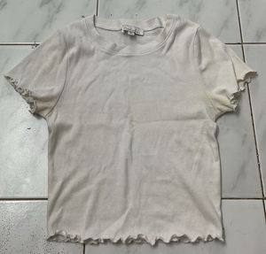 White Ribbed Lettuce Hem T-Shirt