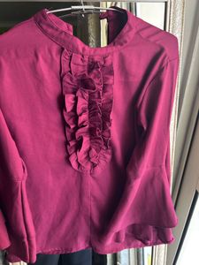 Chic Ruffled Berry Blouse with Bell Sleeves