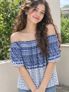 Boho Blue & White Print Off-Shoulder Top