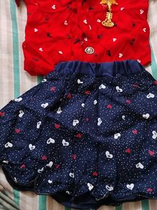 Cute Red Top &amp; Navy Heart Skirt Set