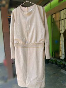 Elegant Beige Long Sleeve Midi Dress
