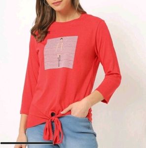 Vibrant Red 3/4 Sleeve Top with Unique Print