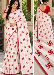 White Red Swastik Print Saree