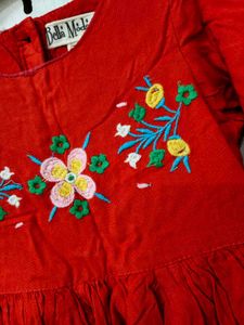 Red Cotton Frock With Embroidery