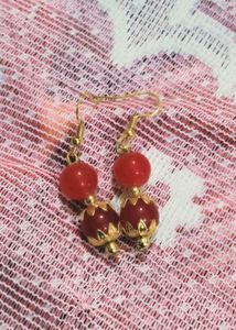 Red Beaded Gold Tone Earrings