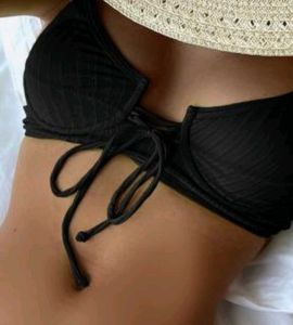 Black Ribbed Lace-Up Bikini Top