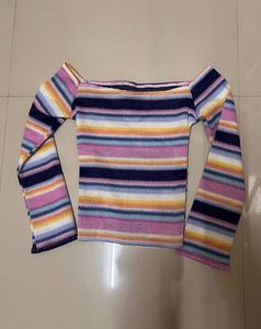 Off-Shoulder Striped Long Sleeve Top