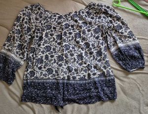 Blue and White Floral Print Top