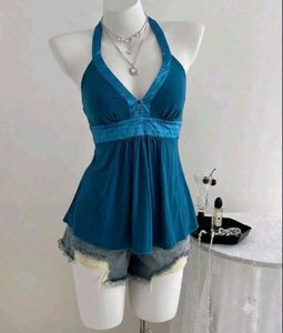 y2k teal halter neck top
