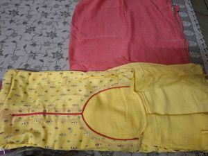 Unstitched Yellow Kurta Set with Pink Dupatta