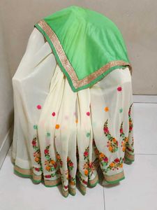 Cream Saree with Embroidered Floral Border