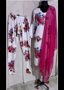 White Floral Print Kurta Set with Dupatta