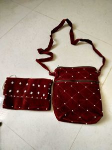 2 Maroon Velvet Clutch & Sling Bag Set