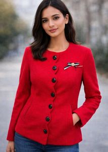 Elegant Red Cropped Jacket with Black Buttons