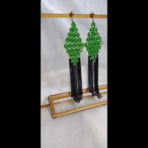 Green Beaded Drop Earrings with Black Chains