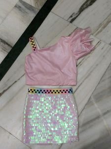 Pink One-Shoulder Sequin Skirt Set