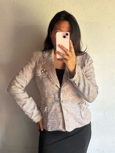 Chic Tweed Blazer with Pearl Accents