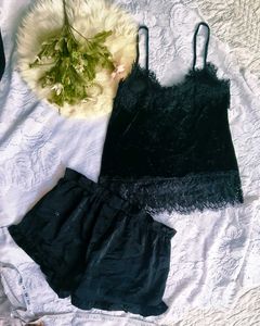 Elegant BlackH&amp;M Velvet Lace Cami Topwith shorts