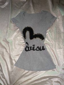 Evisu Grey Ribbed Studded Graphic T-Shirt