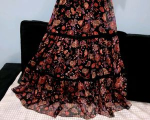 Quality Black&amp;Rust Orange Floral Print Tiered Midi