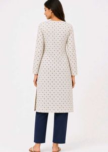 new long Cream Kurta with Navy Blue Print