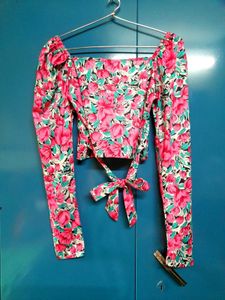 Chic Multicolor Floral Puff Sleeve Crop Top Women