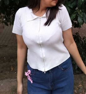 Ribbed Zip-Up Collared Top